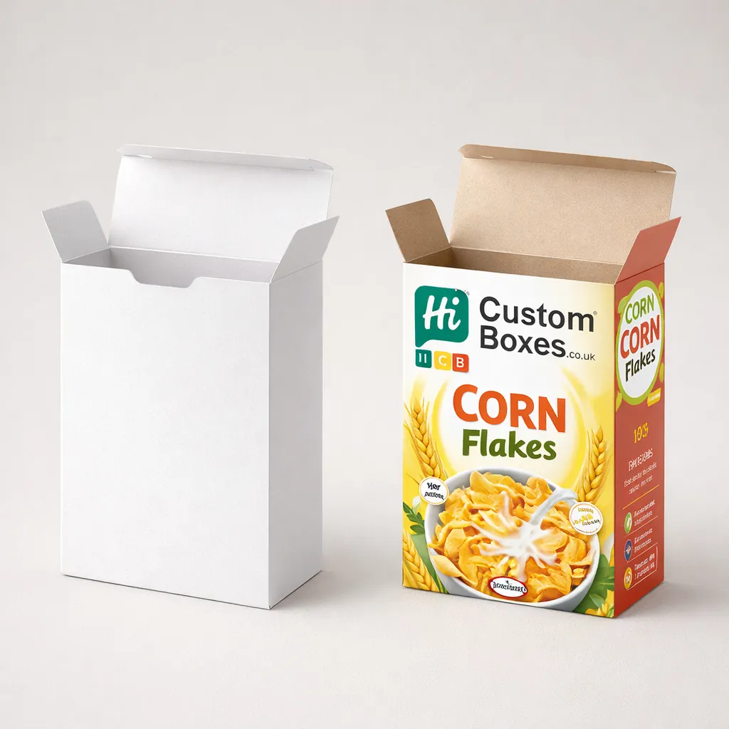 Professional retail cereal packaging with vibrant yellow and red branding featuring a bowl of corn flakes.